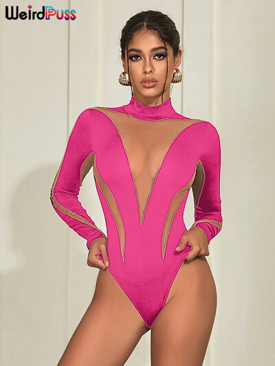 Weird Puss Mesh Patchwork Body pentru femei cu mânecă întreagă transparentă elastic Skinny Hot Girls Streetwear Midnight Sexy Wild Outfits
