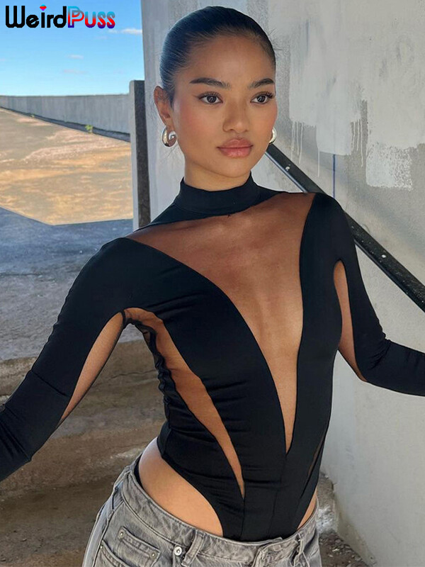 Weird Puss Mesh Patchwork Body pentru femei cu mânecă întreagă transparentă elastic Skinny Hot Girls Streetwear Midnight Sexy Wild Outfits