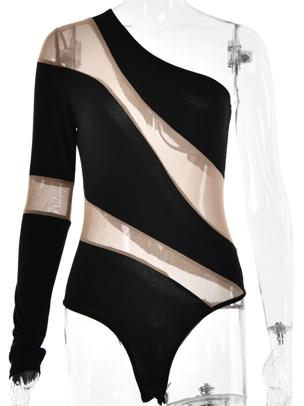 Sifreyr Body cu plasă transparentă, cu un umăr, pentru femei, mozaic, sexy, topuri de corp Y2K, cu elasticitate înaltă, pentru petrecere în club, barcel elegant