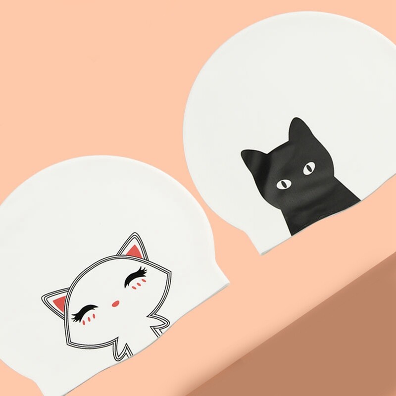 Sabiezināta karikatūra kaķu peldcepure elastīga silikona ūdensnecaurlaidīga gari mati ausis aizsargā personību peldcepures sievietēm meitenēm