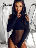 CNYISHE Body cu ochiuri din plasă în mozacuri pentru femei, cu mânecă lungă, teacă O gât, sexy, de club, la modă, pline, mai sus