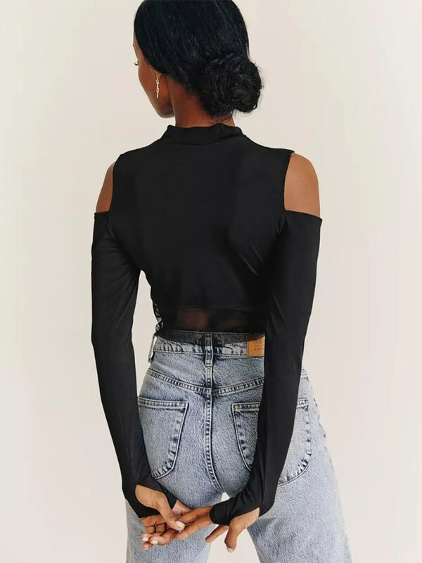 CNYISHE Body cu ochiuri din plasă în mozacuri pentru femei, cu mânecă lungă, teacă O gât, sexy, de club, la modă, pline, mai sus