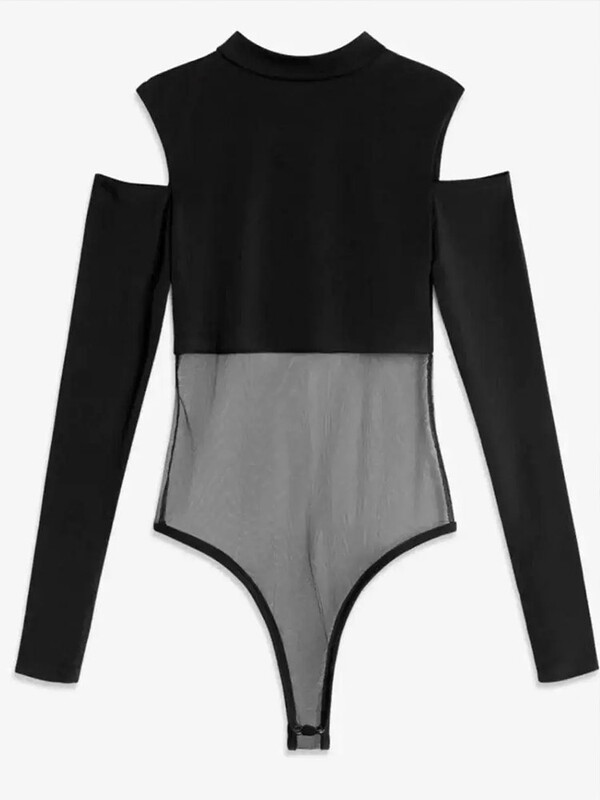 CNYISHE Body cu ochiuri din plasă în mozacuri pentru femei, cu mânecă lungă, teacă O gât, sexy, de club, la modă, pline, mai sus