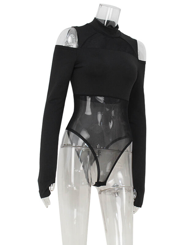 CNYISHE Body cu ochiuri din plasă în mozacuri pentru femei, cu mânecă lungă, teacă O gât, sexy, de club, la modă, pline, mai sus