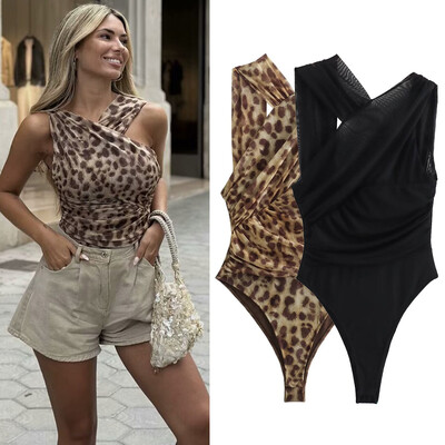 HXAO Body asimetric din plasă pentru femei, vară, pentru femei, body cu umăr dezactivat, fără mâneci, body sexy leopard negru 2024