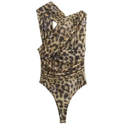 HXAO Body asimetric din plasă pentru femei, vară, pentru femei, body cu umăr dezactivat, fără mâneci, body sexy leopard negru 2024