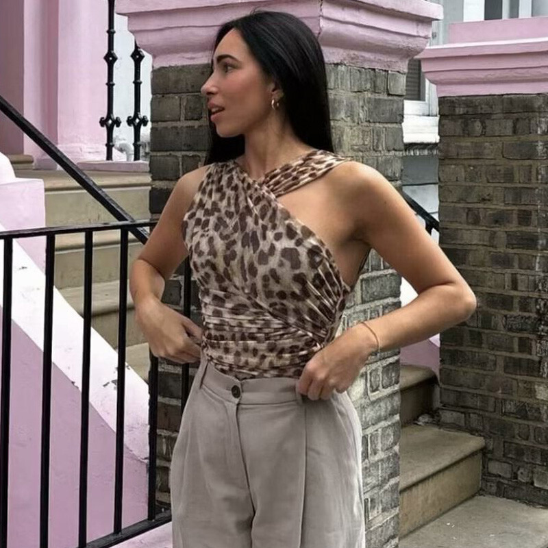 HXAO Body asimetric din plasă pentru femei, vară, pentru femei, body cu umăr dezactivat, fără mâneci, body sexy leopard negru 2024