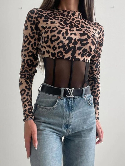 Ahagaga Ženski bodi s leopardovim uzorkom, seksi mrežasti O-izrez, dugi rukavi, uski kroj, ulični gornji dijelovi majice s plaštom Romoers