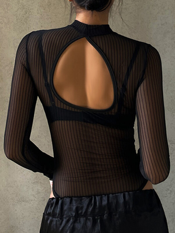 SUCHCUTE Sexy See Though Tricouri pentru femei Gotic Mesh Body negru cu mânecă lungă Skinny Moda întunecată Combi fără spate scobit