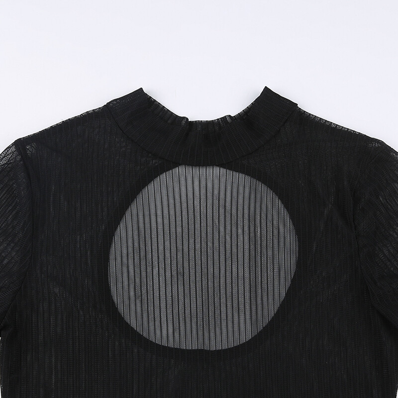 SUCHCUTE Sexy See Though Tricouri pentru femei Gotic Mesh Body negru cu mânecă lungă Skinny Moda întunecată Combi fără spate scobit