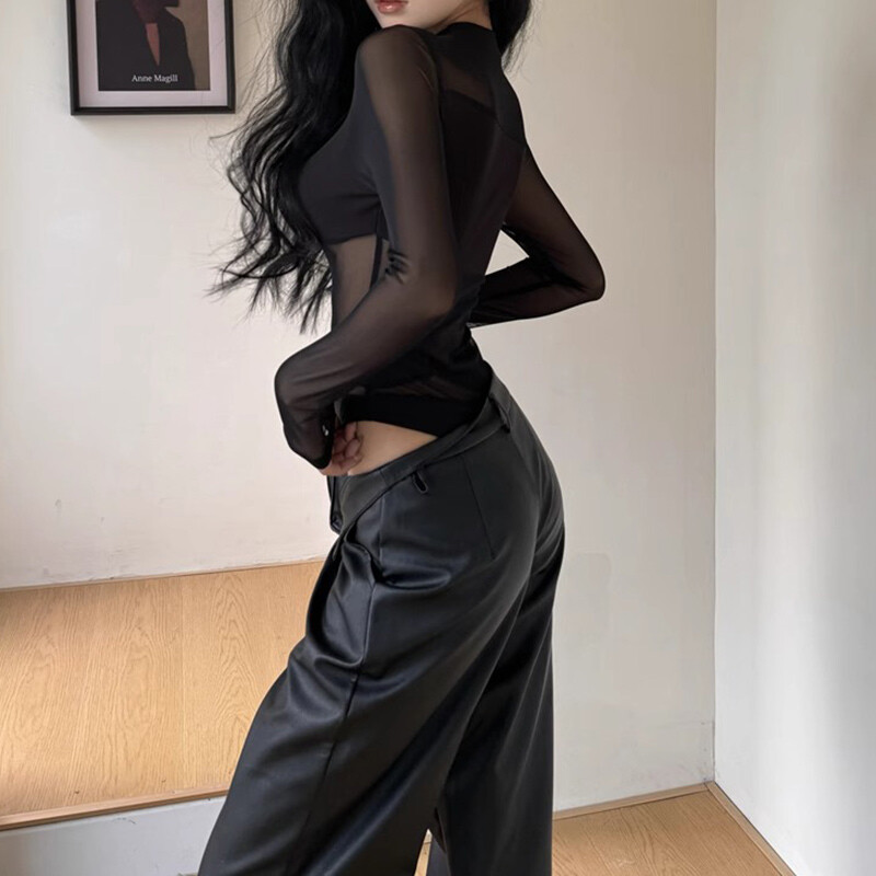 Sexy Perspective Y2k Imbracaminte Body cu scobire Mesh Sheer Top Femei Maneca lunga Patchwork Body Negru