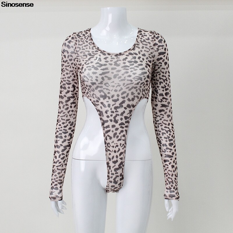 Ženski seksi prozirni bodi s leopard printom s dugim rukavima i okruglim izrezom, uske majice za izlaske Y2K trikoi za zabavu u uličnom noćnom klubu