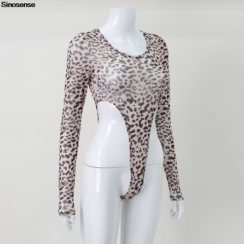 Ženski seksi prozirni bodi s leopard printom s dugim rukavima i okruglim izrezom, uske majice za izlaske Y2K trikoi za zabavu u uličnom noćnom klubu