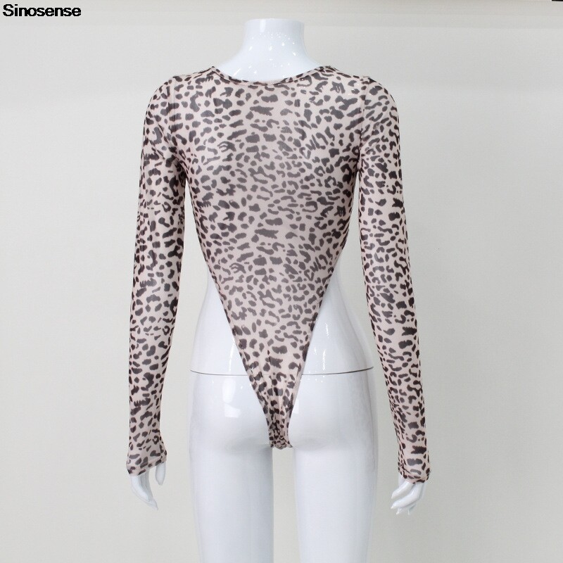 Ženski seksi prozirni bodi s leopard printom s dugim rukavima i okruglim izrezom, uske majice za izlaske Y2K trikoi za zabavu u uličnom noćnom klubu