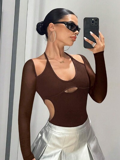 Módne štíhle letné dámske duté pouličné dlhé rukávy sexy overal s hlbokým výstrihom, pikantné dievčenské ramenné objímanie overal