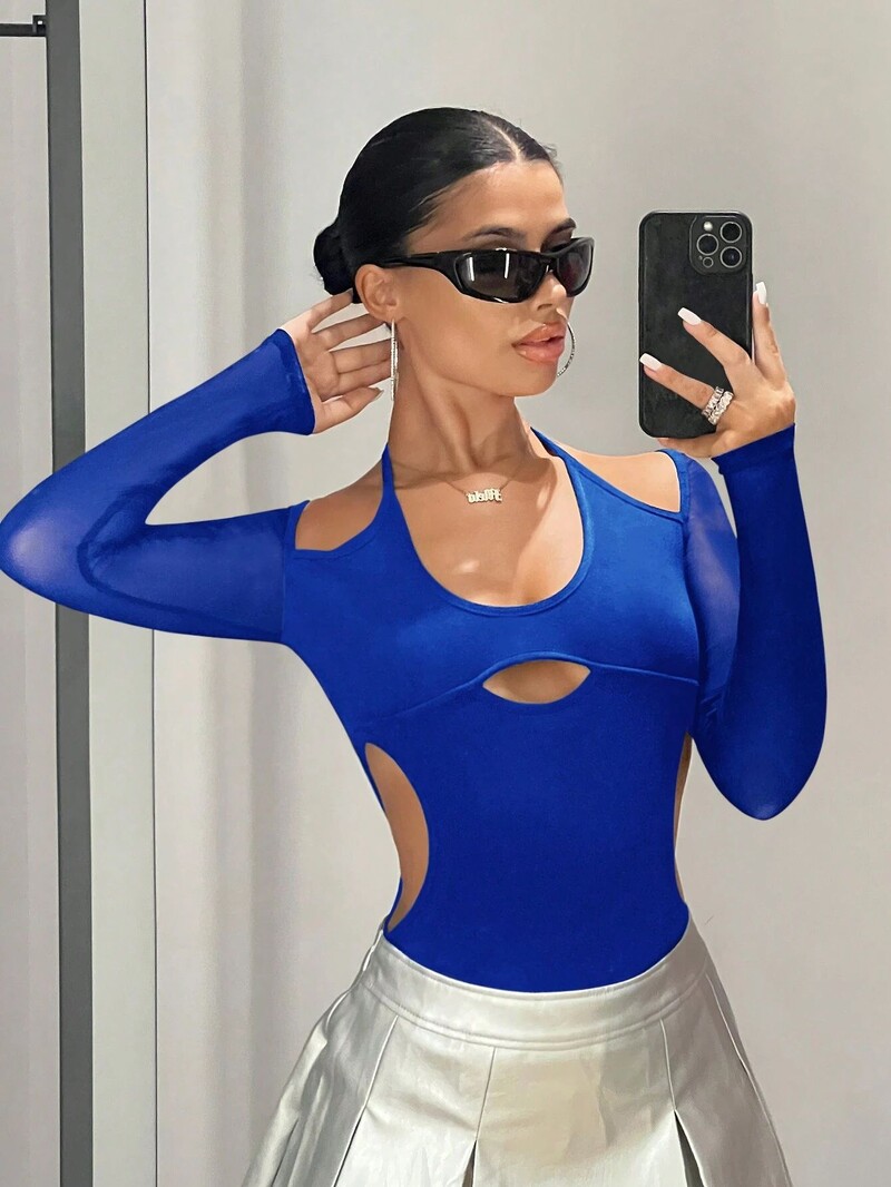 Módne štíhle letné dámske duté pouličné dlhé rukávy sexy overal s hlbokým výstrihom, pikantné dievčenské ramenné objímanie overal