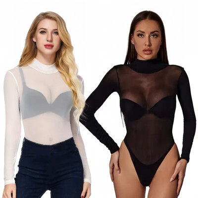 Body negru cu mânecă lungă Bodycon Top Plus Size pentru femei dintr-o singură bucată din plasă Body transparente Lenjerie Topuri sexy pentru femei