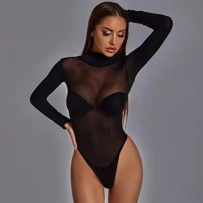 Body negru cu mânecă lungă Bodycon Top Plus Size pentru femei dintr-o singură bucată din plasă Body transparente Lenjerie Topuri sexy pentru femei