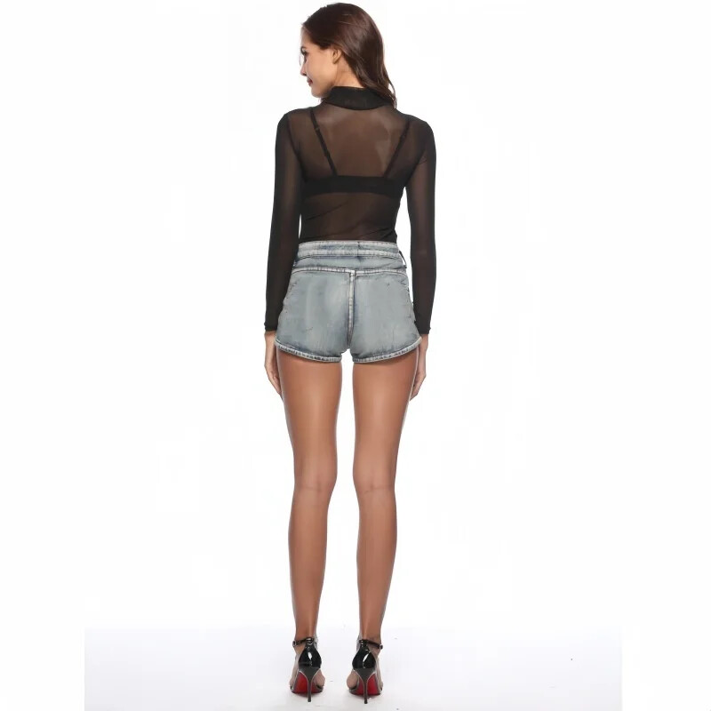 Body negru cu mânecă lungă Bodycon Top Plus Size pentru femei dintr-o singură bucată din plasă Body transparente Lenjerie Topuri sexy pentru femei