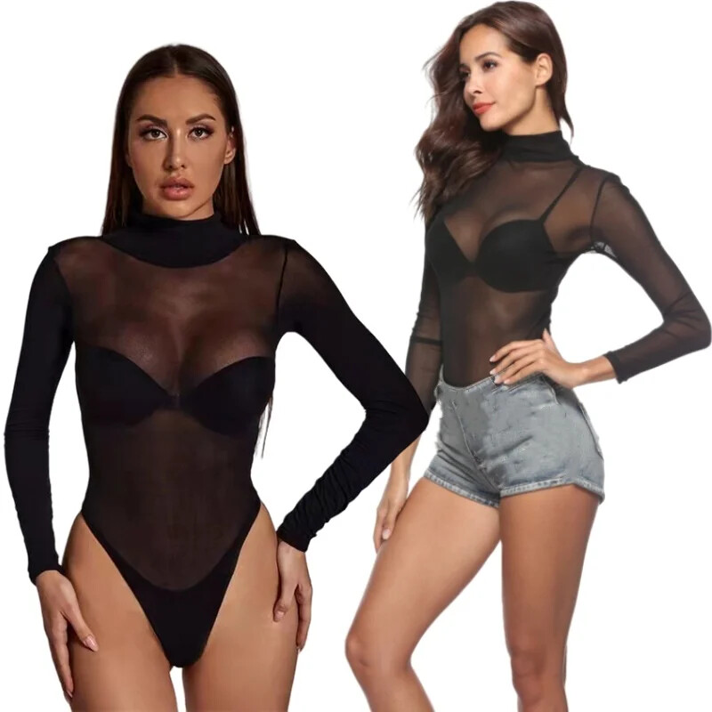 Body negru cu mânecă lungă Bodycon Top Plus Size pentru femei dintr-o singură bucată din plasă Body transparente Lenjerie Topuri sexy pentru femei