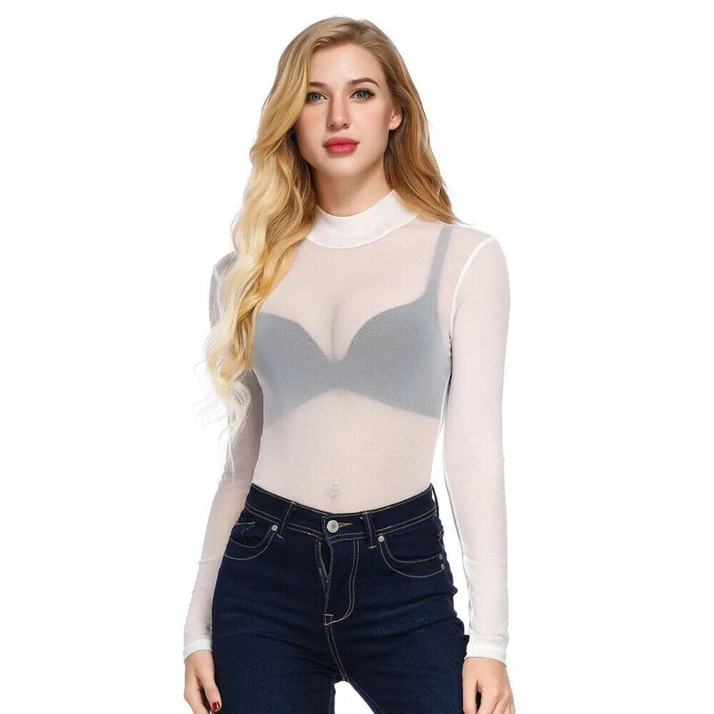 Body negru cu mânecă lungă Bodycon Top Plus Size pentru femei dintr-o singură bucată din plasă Body transparente Lenjerie Topuri sexy pentru femei