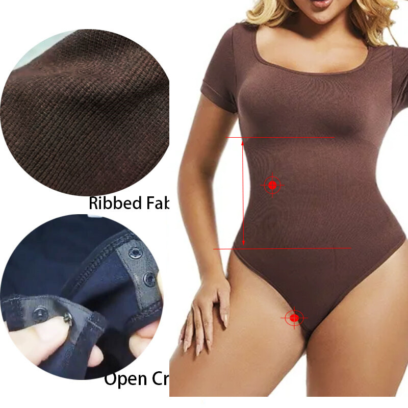 GUUDIA Mânecă scurtă Crotch Deschis Gâtul U mare Față de modelare fără sudură Costum de corp elastic spandex Imbracaminte pentru modelarea femeilor Body Shaper Control burtă
