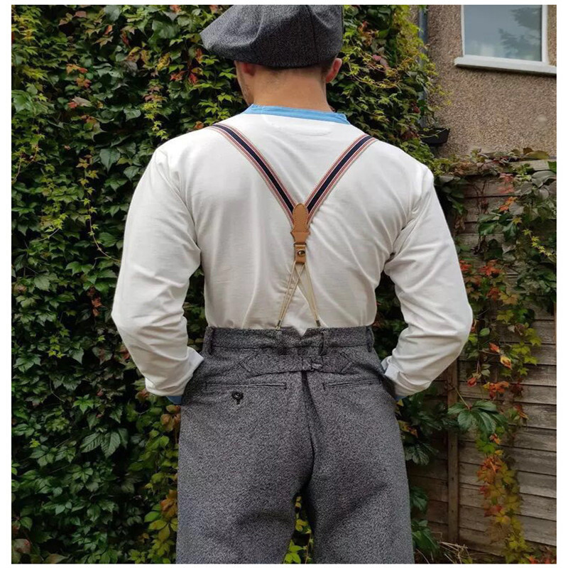 2,5 cm platums Modes bikšturi Vīriešu Pieaugušo dabīgās ādas apgrieztas pogas gals Y mugura Regulējama elastīga bikšu lencēm Siksnas josta