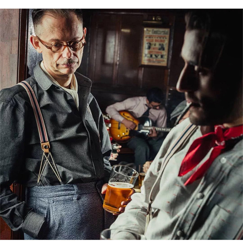 2,5 cm platums Modes bikšturi Vīriešu Pieaugušo dabīgās ādas apgrieztas pogas gals Y mugura Regulējama elastīga bikšu lencēm Siksnas josta