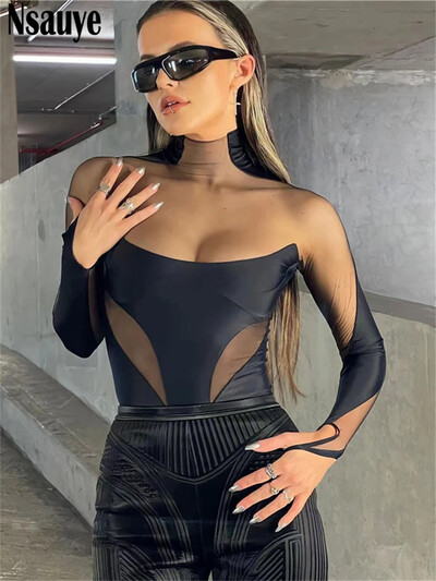 Nsauye cu mânecă lungă pentru femei, skinny, sexy, bodycon, plasă, patchwork, body de club, ținute dintr-o bucată, barcelete de vară Y2K, topuri de corp 2023