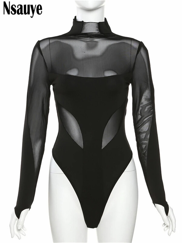 Nsauye cu mânecă lungă pentru femei, skinny, sexy, bodycon, plasă, patchwork, body de club, ținute dintr-o bucată, barcelete de vară Y2K, topuri de corp 2023