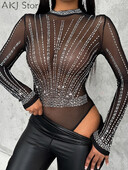 Body cu plasă transparentă cu strasuri Body elegant cu mânecă lungă, cu gât rotund, slim