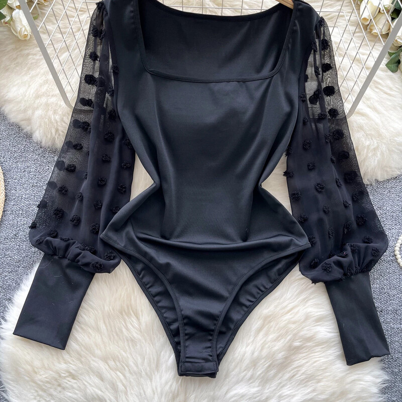 Body pentru femei Hotsweet Floral Vintage brodat din plasă cu îmbinare Salopete chic cu gât pătrat Salopete slim Top Îmbrăcăminte de toamnă