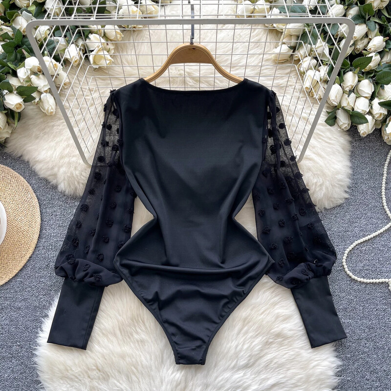 Body pentru femei Hotsweet Floral Vintage brodat din plasă cu îmbinare Salopete chic cu gât pătrat Salopete slim Top Îmbrăcăminte de toamnă