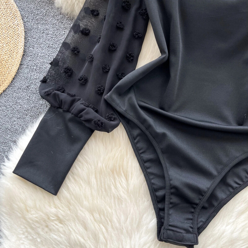 Body pentru femei Hotsweet Floral Vintage brodat din plasă cu îmbinare Salopete chic cu gât pătrat Salopete slim Top Îmbrăcăminte de toamnă