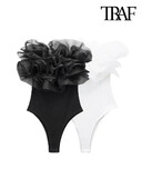 TRAF Moda pentru femei cu organza cu volante din tricot body-uri de epocă cu gât drept umeri expuși pentru femei