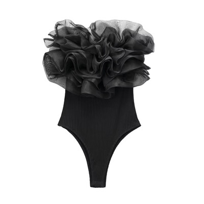 TRAF Moda pentru femei cu organza cu volante din tricot body-uri de epocă cu gât drept umeri expuși pentru femei