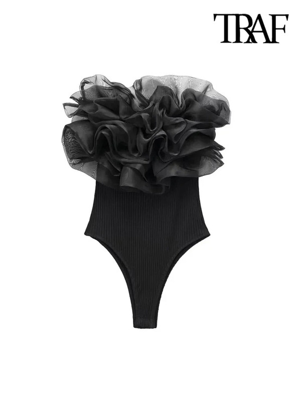TRAF Moda pentru femei cu organza cu volante din tricot body-uri de epocă cu gât drept umeri expuși pentru femei