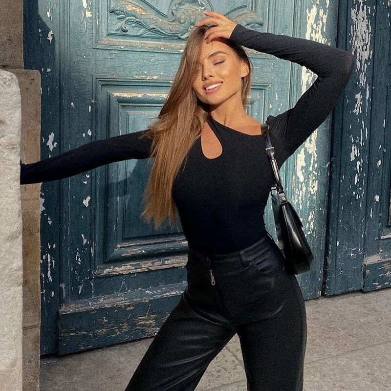 Body de bază casual Y2k, pentru femei, cu mânecă lungă, sexy, cu goluri neregulate, top coreean, din bumbac, bodycon, salopetă, doamnă