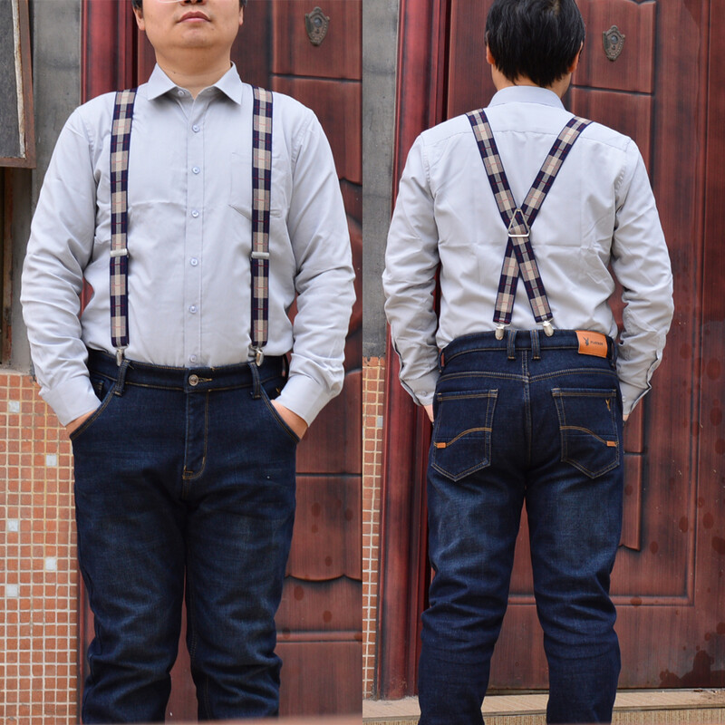 Odolné traky veľkej veľkosti pre mužov, nastaviteľné elastické traky s X chrbtom pre ženy, 55-palcové klipy na hnedej kockovanej podväzke