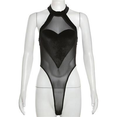 Goth Dark Mesh See Through Gotic Women Sexy Bodysuits Y2k Heart Velvet Fără mâneci Halter Tops Grunge Backless Bodycon Body