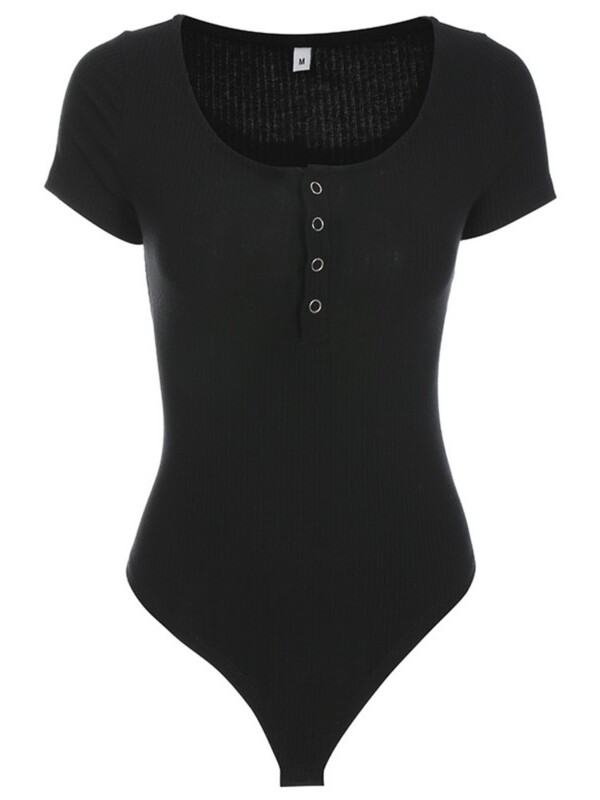 Skinny Body Femme Costum Sexy Topuri Cu mânecă scurtă Bodycon Butoane Body cu gât deschis Salopete scurte pentru femei pentru haine