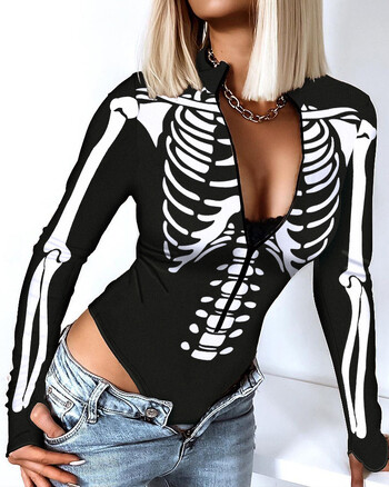 Дамски горен гащеризон с V-образно деколте Skulls Slim Casual Halloween Skeleton Print Zip Bodysuit с дълъг ръкав отпред Секси бодита