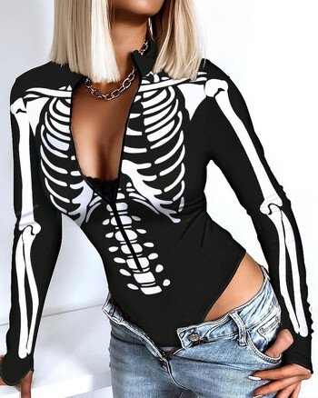 Дамски горен гащеризон с V-образно деколте Skulls Slim Casual Halloween Skeleton Print Zip Bodysuit с дълъг ръкав отпред Секси бодита