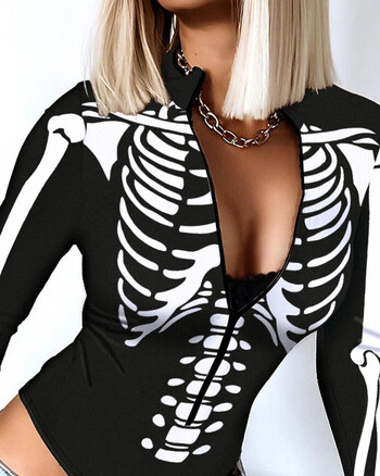 Дамски горен гащеризон с V-образно деколте Skulls Slim Casual Halloween Skeleton Print Zip Bodysuit с дълъг ръкав отпред Секси бодита