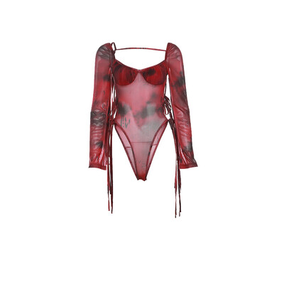 Nibber 2024. gada rudens jauns, sarkans plankumains apdruku, raksturīgs, universāls High Street Tight, seksīgs, foršs, plāns sieviešu kombinezons ar garām piedurknēm