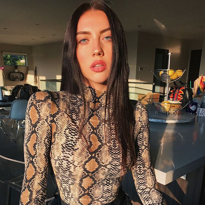 Body sexy InstaHot din piele de șarpe femei din piele de șarpe cu gât înalt cu mânecă lungă din piton, salopete de primăvară, costum de damă