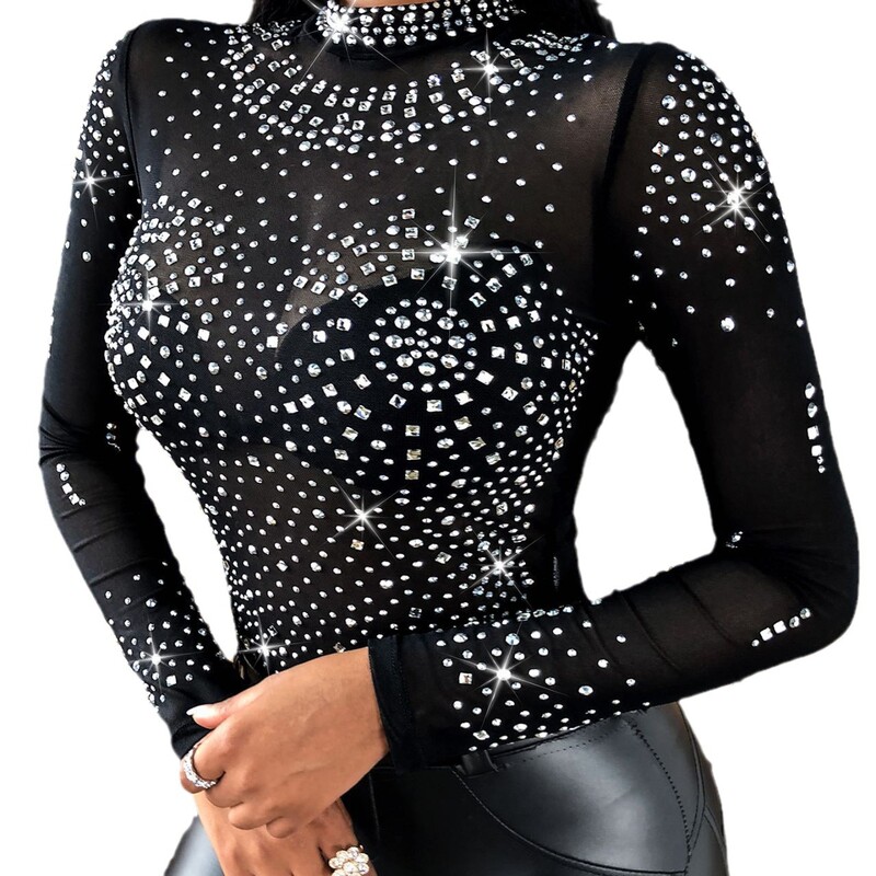 Dámske body, overal s dlhým rukávom, sexy výstrihom do O-krku s kamienkami, letné jarné sexy body