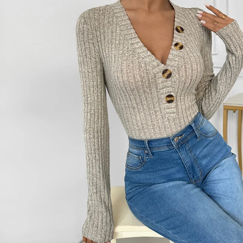 Ženski bodi s rebrastim kombinezonima punih rukava Ženski kombinezon s V izrezom i uskim gornjim dijelovima Jesenski ženski seksi kombinezon 2024.