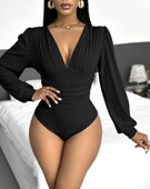 Seksīgs sieviešu kombinezons, 2025. gada vienkrāsains laternas piedurkne ar dziļu V veida kakla izgriezumu, rievotu bodiju, sieviešu kombinezoni, sieviešu apģērbi