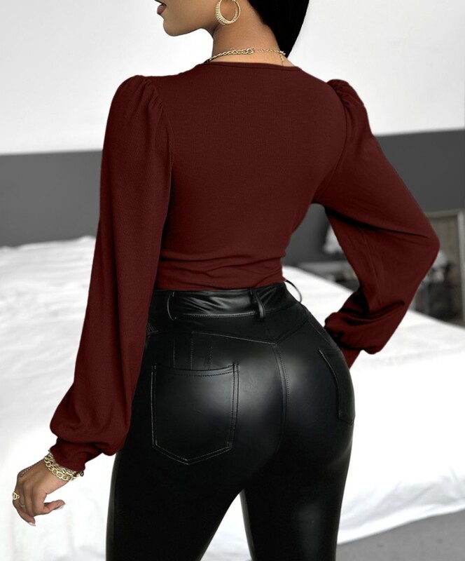 Seksīgs sieviešu kombinezons, 2025. gada vienkrāsains laternas piedurkne ar dziļu V veida kakla izgriezumu, rievotu bodiju, sieviešu kombinezoni, sieviešu apģērbi